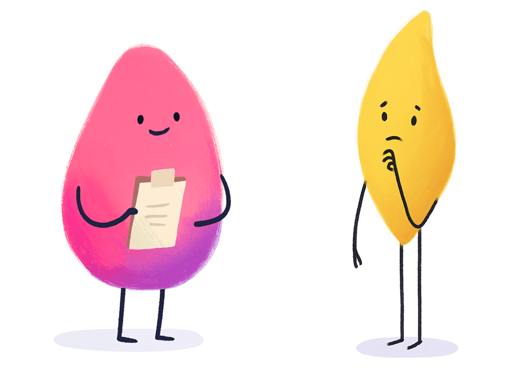 Two illustrated characters, one holding a clipboard and one looking thoughtful