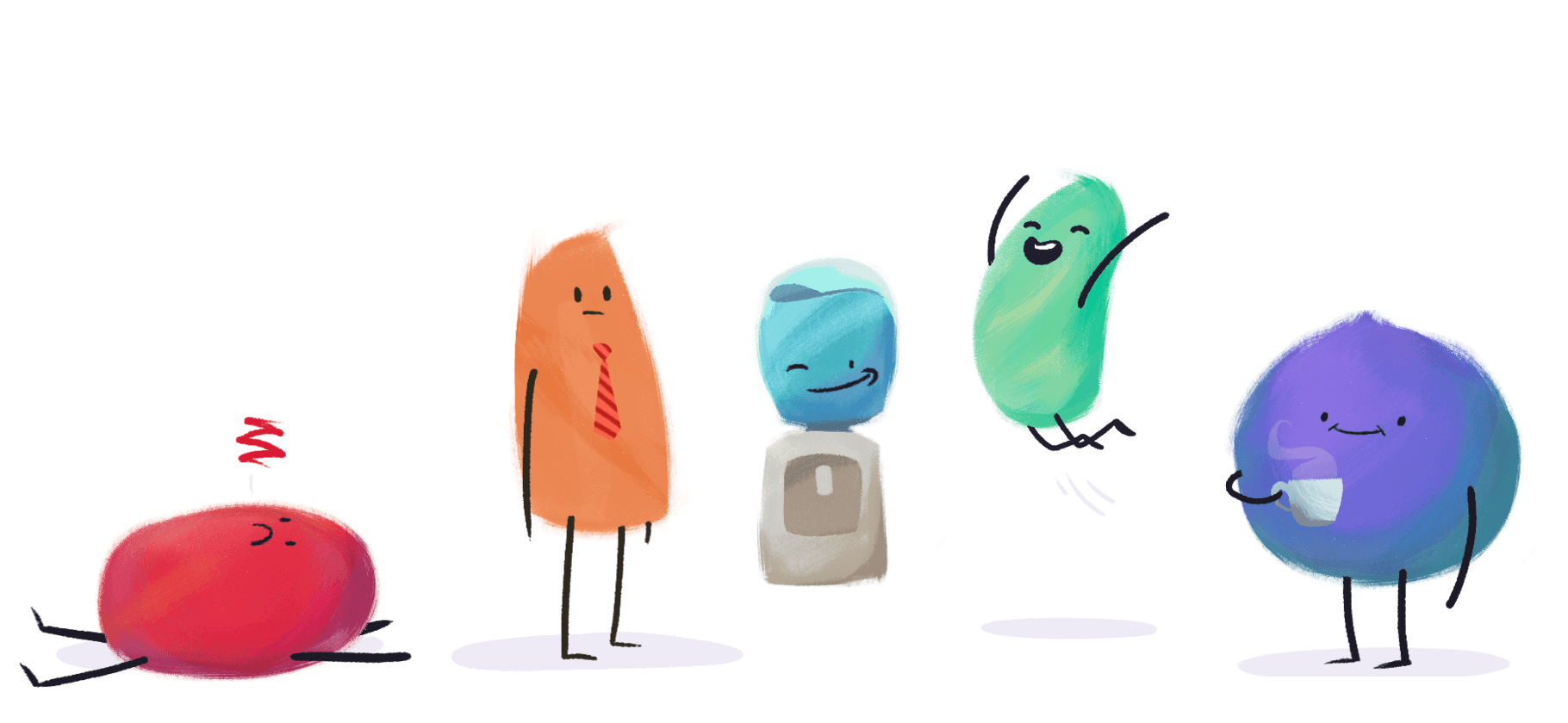 Six illustrated characters showing a range of moods, from frustrated to delighted