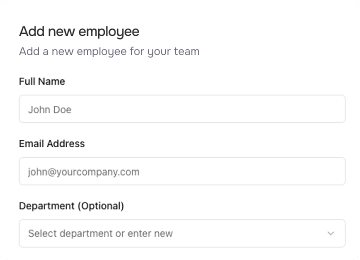 Add new employee form with full name, email and department fields